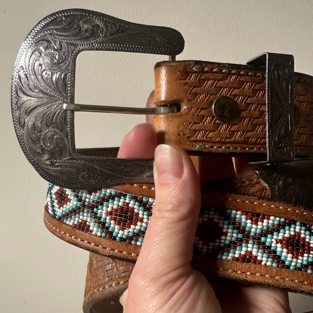 Ralph Harris Leather Vintage Native Beaded Toem Overlaid Sterling Buckle